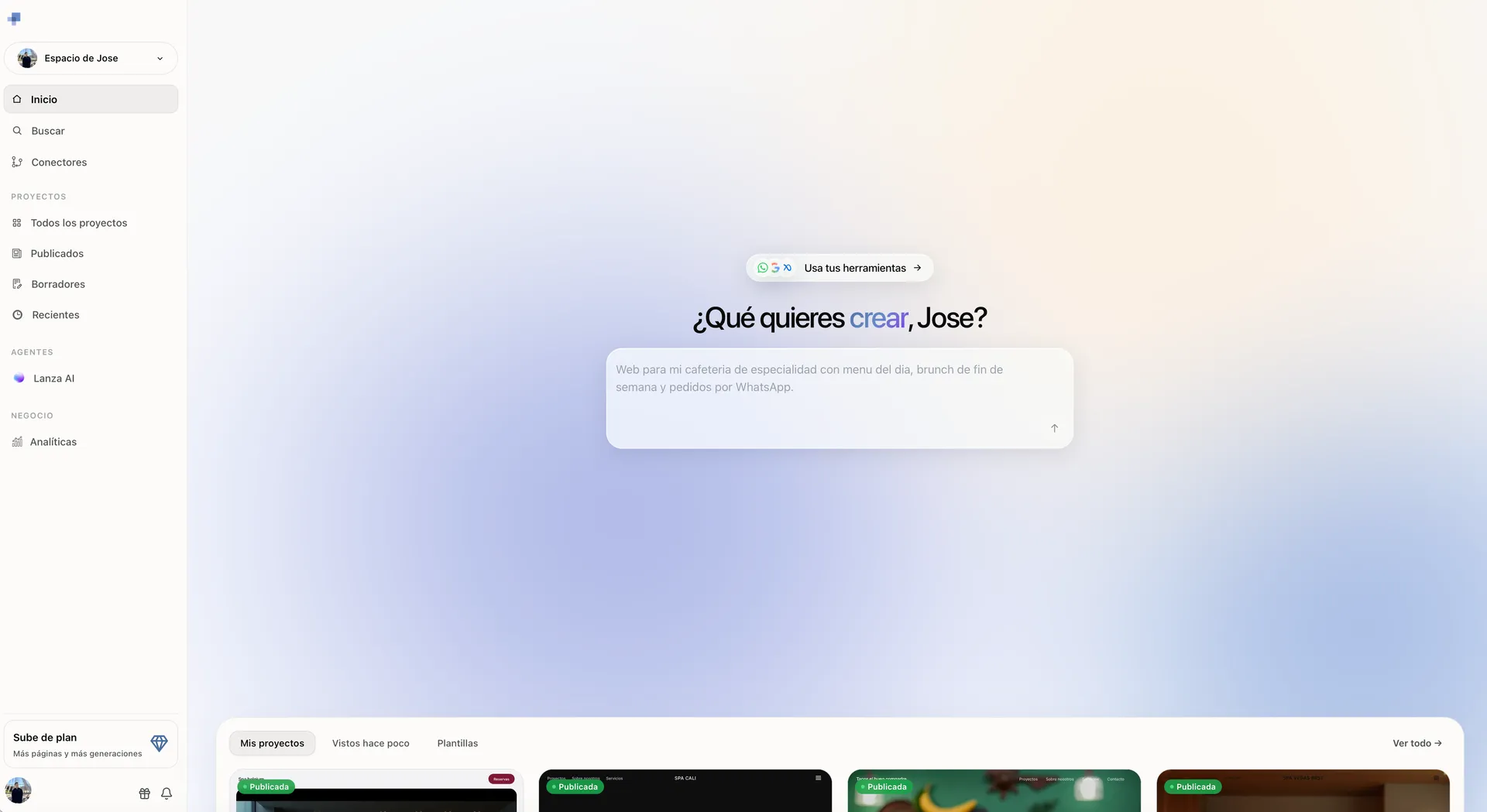 Dashboard de Lanzaidea donde se generan paginas web gratis