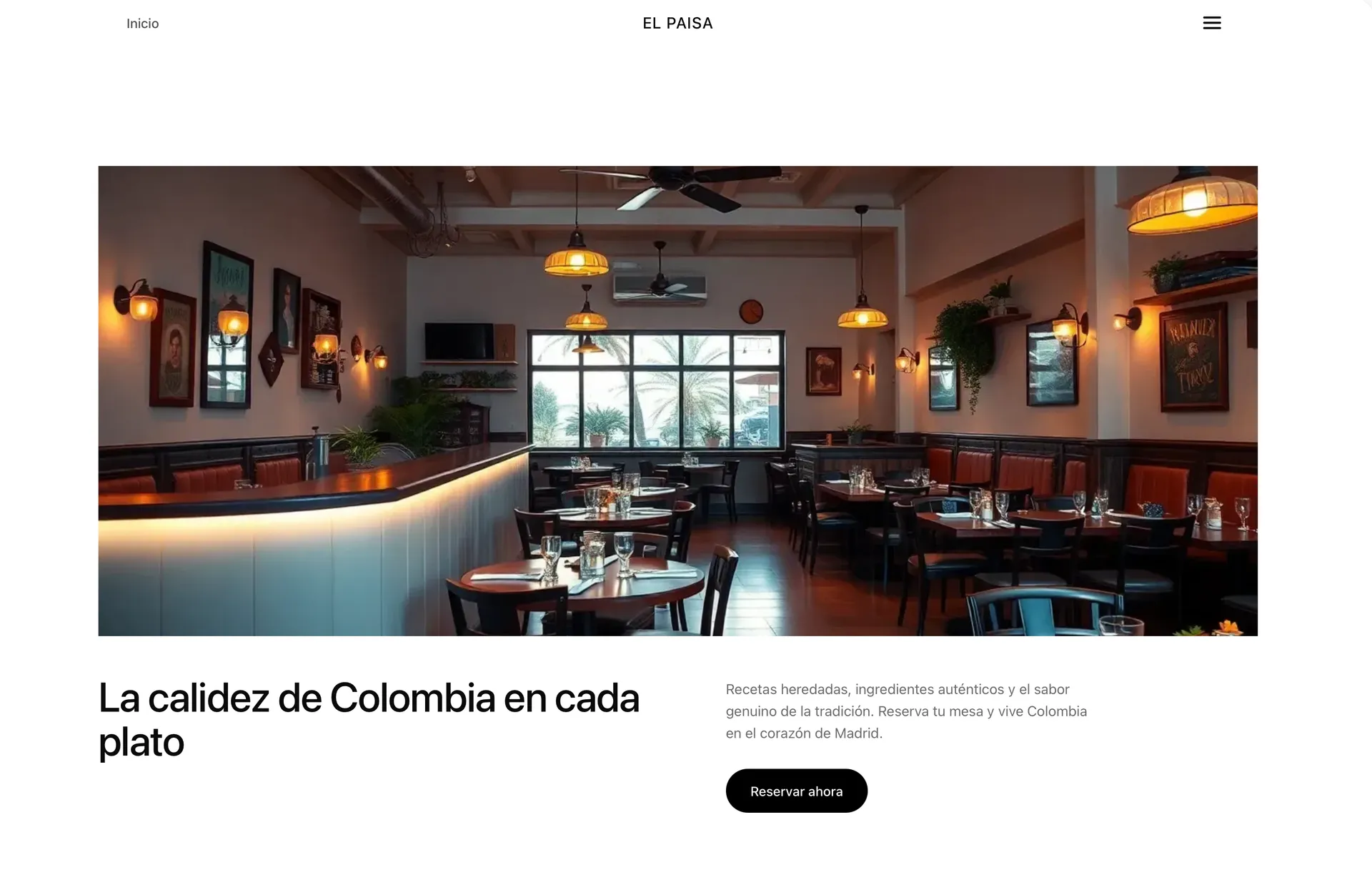 Pantalla de celular mostrando una página web profesional de restaurante con menú digital, galería de fotos de platos y botón de reserva destacado en rojo.